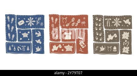 Festliche Feiertagselemente wie Tauben, Schneeflocken und Geschenke in Blau, rote und braune Farbblöcke. Vektor handgezeichnete Illustration isoliert auf Wi Stock Vektor