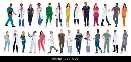 Eine große Reihe von stehenden, wandernden Ärzten, Krankenschwestern Stock Vektor