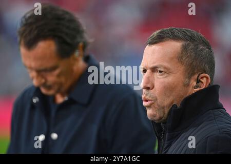 München, Deutschland. September 2024. Lothar MATTAEUS, Hi:Sky Moderator Sebastian HELLMANN, Porträt, Porträt. Fußball 1. Bundesligasaison 2024/2025, 5. Spieltag, Spieltag05 FC Bayern München - Bayer 04 Leverkusen 1-1 am 28. September 2024, ALLIANZAREN A. ? Quelle: dpa/Alamy Live News Stockfoto