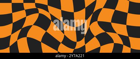 Psychedelisches Halloween-Schachbrett. Wellen grooviger Hintergrund. Hippie-Tapete im Y2K-Stil. Illustration des Retro-Vektors. Verzerrtes geometrisches Muster Stock Vektor