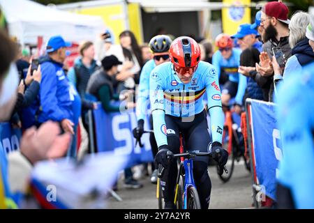 Zürich, Schweiz. September 2024. Der belgische Jasper Stuyven wurde am Sonntag, den 29. September 2024, beim Start des Elite-Männer-Rennens bei den UCI Road and Para-Cycling Road World Championships 2024 in Zürich, Schweiz, vorgestellt. Die Welten finden vom 21. Bis 29. September statt. BELGA FOTO JASPER JACOBS Credit: Belga News Agency/Alamy Live News Stockfoto