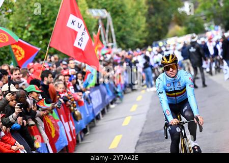 Zürich, Schweiz. September 2024. Der belgische Remco Evenepoel wurde zum Start des Elite-Männer-Straßenrennens bei den UCI Road and Para-Cycling Road World Championships 2024 am Sonntag, 29. September 2024, in Zürich, Schweiz, gezeigt. Die Welten finden vom 21. Bis 29. September statt. BELGA FOTO JASPER JACOBS Credit: Belga News Agency/Alamy Live News Stockfoto