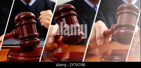 Eine dynamische Collage mit mehreren Nahaufnahmen von Richterhänden, die in einem Gerichtssaal einen Hammer auf einen Holzblock schlagen. justiz, Strafverfolgung und Stockfoto