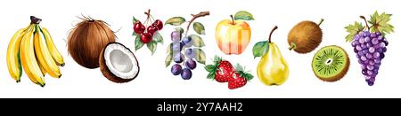 Obstset mit Aquarellen. Frische saftige Früchte Clip Art. Stock Vektor