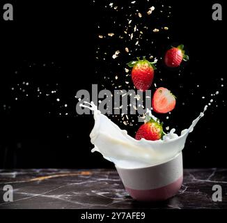 Milchspritzer von Erdbeere fallen in die Schüssel auf schwarzem Hintergrund. Milchkonzept. Milchspritzer aus veganer Pflanzenmilch in der Schüssel. Kopierbereich. Stockfoto