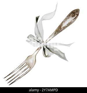 Fork Aquarell mit Schleife. Silbernes Besteck, handgezeichnet auf isoliertem weißem Hintergrund. Clip-Art einer Vintage-Gabel aus Nickelsilber. Ideal für Stockfoto
