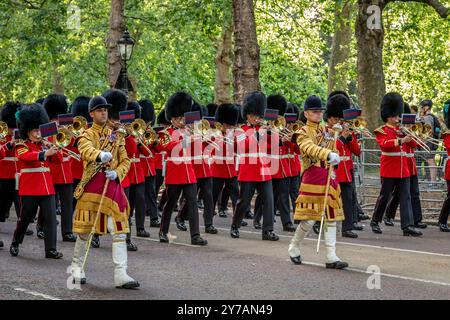 Massivbands der Guards Division, Birdcage Walk, London, England, Großbritannien Stockfoto