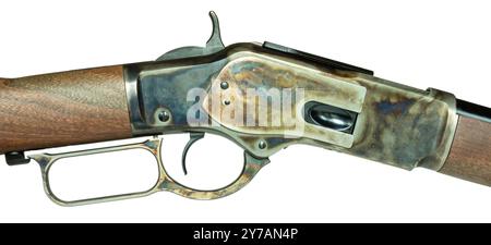 Farbkasseharbener Empfänger auf einem Hebelgewehr, der dem traditionellen Stil des Wilden Westens in Amerika entsprach. Stockfoto