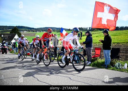 Zürich, Schweiz. September 2024. Die abtrünnige Gruppe wurde am Sonntag, den 29. September 2024, beim Elite-Männer-Straßenrennen bei den UCI Road and Para-Cycling Road World Championships 2024 in Zürich, Schweiz, in Aktion gezeigt. Die Welten finden vom 21. Bis 29. September statt. BELGA FOTO JASPER JACOBS Credit: Belga News Agency/Alamy Live News Stockfoto