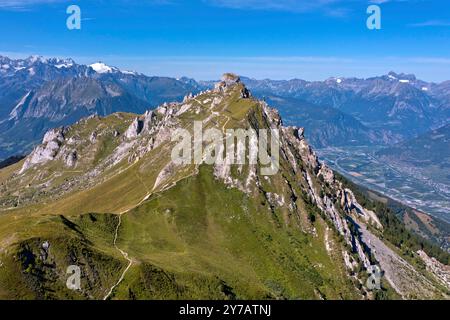 Gipfel Pierre Avoi über dem Rhone-Tal, Walliser Alpen, Verbier, Wallis, Schweiz *** Gipfel Pierre Avoi über dem Rhone-Tal, Verbier, Schweizer Pennine Stockfoto