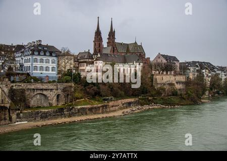 Basilea en invierno desde el otro lado del Rin, con el horizonte de la ciudad y su arquitectura histórica y moderna destacando la catedral. Suiza Stockfoto