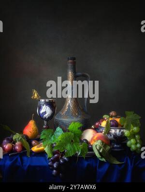 Stilleben mit Wein und Früchten im Renaissance-Stil Stockfoto