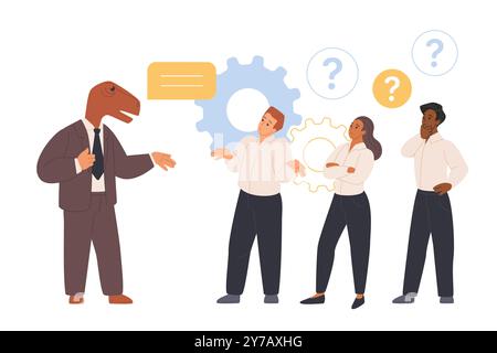 Corporate Dinosaurier, veraltete Managementmethode des Leiters für das Büroteam. Problem der schlechten Kommunikation mit winzigen Angestellten, keine Veränderung vom Geschäftsmann mit Dinosaurierkopf-Cartoonvektorillustration Stock Vektor