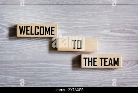 Konzeptionelle Worte Willkommen im Team auf einem Holzblock. Auf grauem Hintergrund. Business, Motivation und Willkommen beim Teamkonzept. Stockfoto