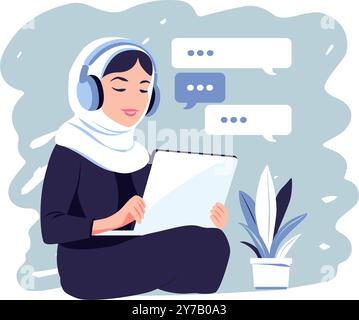 Muslimische Frau im Hijab, die mit Laptop sitzt. Konzept Fernarbeit, Studium, Bildung, Arbeit von zu Hause aus. Flach. Vektorabbildung Stock Vektor