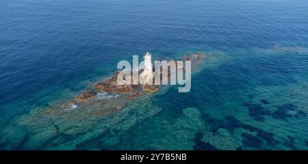 Leuchtturm Mangiabarche in Calasetta im Süden Sardiniens, Luftbilder Stockfoto