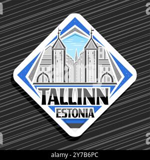 Vektor-Logo für Tallinn, weißes Rautenschild mit Illustration des berühmten viru-Tors in den Wänden von tallinn auf Tag-Himmel-Hintergrund, dekorative städtische Refri Stock Vektor