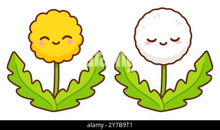 Niedlicher Cartoon-Löwenzahn, gelbe Blume und weißer Puff. Kawaii Löwenzahn Charakter Kritzelei, Hand gezeichnete Vektor-Illustration. Stock Vektor