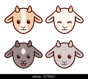 Niedliches Zeichentrick Baby Ziegengesicht Set. Kawaii-Ziegen mit verschiedenen Ausdrücken, isolierte Clipart-Vektor-Illustration. Stock Vektor