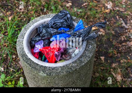 Die Nahaufnahme von oben zeigt den bis zum Rand gefüllten Behälter mit bunten Hundekotbeuteln in Schwarz, Blau, Lila und Rot. Schlossallee, Usedom-Süd, Mecklenburg-Vorpommern, Deutschland. Stockfoto