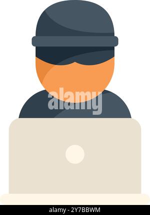 Ein Hacker mit schwarzem Hut benutzt einen Laptop, um Informationen zu stehlen Stock Vektor