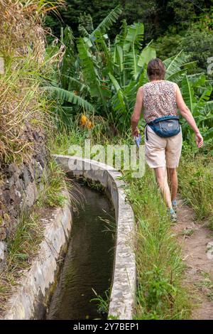 Spaziergang entlang der Levada dos Marocos a Levada auf der portugiesischen Insel Madeira zwischen der zweitgrößten Stadt auf der Insel Machico und Marocos Stockfoto