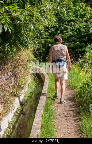 Spaziergang entlang der Levada dos Marocos a Levada auf der portugiesischen Insel Madeira zwischen der zweitgrößten Stadt auf der Insel Machico und Marocos Stockfoto