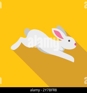 Weißes Kaninchen springt auf gelbem Hintergrund, langer Schatten flaches Design-Symbol Stock Vektor