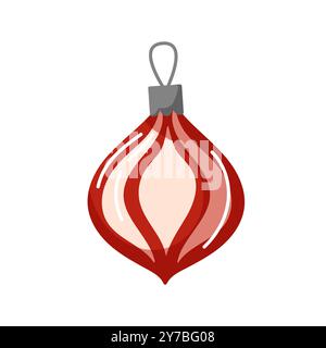Rote Weihnachtskugel mit einfachen Details und Metallschlaufe. Design für festliche Dekoration, Weihnachtskarten im Cartoon-Stil. Isoliert auf weißem Hintergrund Stock Vektor