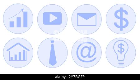 Set aus acht geschäftsbezogenen Symbolen in blauen Kreisen. Zu den Symbolen gehören Diagramme, Video, E-Mail, Dollarzeichen, Haus, Kabelbinder, Aktentasche und Glühbirne Stock Vektor