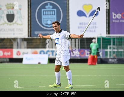 Brüssel, Belgien September 2024. Watducks Thomas Domene reagiert am Sonntag, den 29. September 2024 in Brüssel, am 4. Tag der belgischen Hockeymeisterschaft in der ersten Liga, während eines Hockeyspiels zwischen Royal Oree und Waterloo Ducks. BELGA FOTO JOHN THYS Credit: Belga News Agency/Alamy Live News Stockfoto