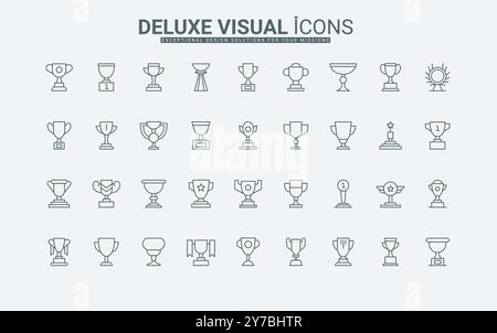 Symbole für Trophäenbecher gesetzt. Kelche in verschiedenen Formen, Auszeichnungen für Erfolge, Gewinner und Turniermeister, Premiumpreis des Sieges dünne schwarze Umrisssymbole Vektorillustration. Stock Vektor