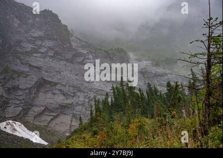 Neblige Berglandschaft mit dichtem Nadelwald und zerklüfteter Felswände, umgeben von niedrigen Wolken und Nebel, in abgelegener Wildnis. Stockfoto
