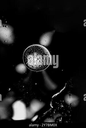 Abstrakte Nahaufnahme von Blasen auf schwarzer Oberfläche. Stockfoto