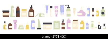 Vektorillustration von Kosmetik-, Make-up- und Hautpflegeprodukten Flaschen, Behälter und Röhrchen. Enthält Lotion, Creme, Gel und Shampoo. Stellt Produkte für Körperpflege, Kosmetik und Hygiene dar. Stock Vektor