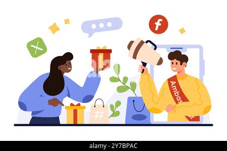 Online-Marketing mit Prominenten, Kundenbindung, öffentlicher Übertragung von Botschaftern und Markenvertretern. Tiny man Influencer mit Megaphon Storytelling von Tablet Screen Cartoon Vektor Illustration Stock Vektor