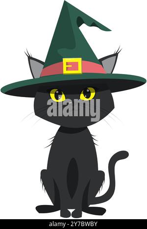 Niedliche schwarze halloween-Katze mit Hexenhut. Kawaii-Vektor-Illustration Stock Vektor