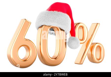 60 Prozent mit Weihnachtsmann-Weihnachtsmütze. Weihnachtsangebot und Rabattkonzept. 3D-Rendering isoliert auf weißem Hintergrund Stockfoto