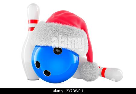 Bowlingball und Kegel mit rotem Weihnachtsmann-Hut. 3D-Rendering isoliert auf weißem Hintergrund Stockfoto