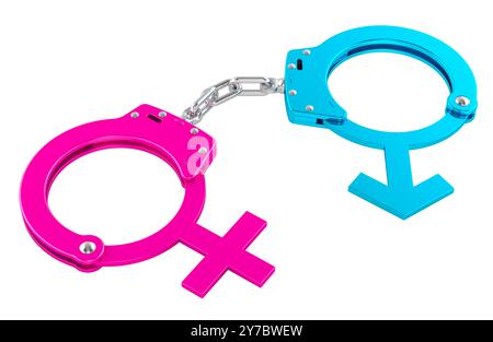 Männliche und weibliche Geschlechtssymbole als Handschellen, 3D-Rendering isoliert auf weißem Hintergrund Stockfoto