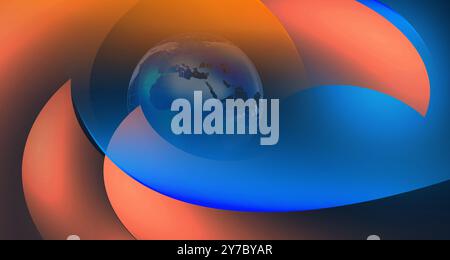 Abstraktes digitales Kunstwerk mit einem Globus, umgeben von dynamischen orangefarbenen und blauen Formen. Stockfoto