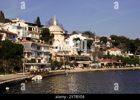 Eine Moschee und Häuser, die einen Hügel hinunter zum Meer in der burgazada ıstanbul in der türkei ragen Stockfoto