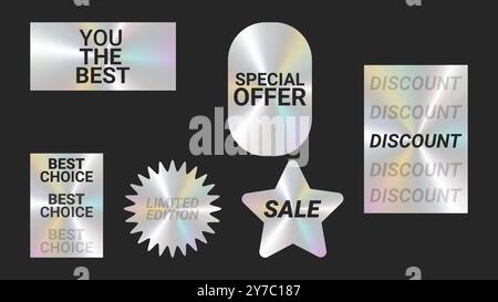 Holografische Aufkleber Logos Emblem Etiketten Farbset. Rabattverkauf. Zur Verpackung von Werbematerial. Aufkleber für Kleidung oder Accessoires. Vektorabbildung. Stock Vektor