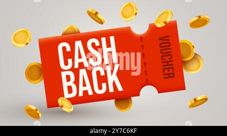 3D-Gutschein mit goldener Münze. Cash Back mit Coupon oder Gutscheinen. Geschenkgutschein und Vorlage für goldene Münzzeichen. 3D-Vektordarstellung Stock Vektor