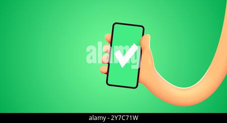 die niedliche 3D-Hand hält das Smartphone und setzt ein Häkchen auf dem Bildschirm. Vektorgrafik Stock Vektor