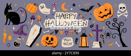 Frohes Halloween. Niedlicher helloween-Partyhintergrund, mit Katzenhexe und Kürbis einladen. Mondgespenst. Sticker Kollektion. Karikatur flache Stil isolierte Illustration. Vektor-Hexerei-Poster Stock Vektor