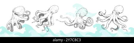 Vintage-Oktopus. Meereskraken. Cephalopoden-Tierskizze. Aquatische Tintenfische oder Tentakelanatomie. Gravur von Tintenfischen unter Wasser. Druckgrafik mit handgezeichneter Linie. Marine Tattoo. Ozeanwelle. Vektor-Unterwassergruppe Stock Vektor