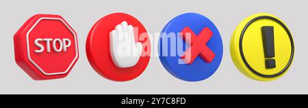 Symbol 3D-Aufmerksamkeit. Informationssymbol. Ausrufezeichen oder Warnzeichen. Vorsicht, Gefahr oder Verkehrsfehler. Warnung STOP Hand. Hinweis zu Problemrisiken. Verbotenes Kreuz. Vektor-Rendering-Schaltflächen festgelegt Stock Vektor