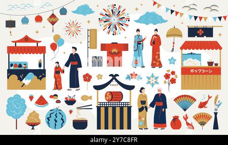 Japanische Menschen in Yukata. Japanische Familie spazieren im Park. Nostalgiekabine mit Bier und Kinderfeuerwerk. Frauen und Männer in traditionellen Trachten. Orientalische Festivalmesse. Vector Asian Holiday Elements Set Stock Vektor