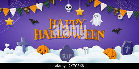 Helloween-Hintergrund. Halloween Kürbis Banner zum Verkauf oder zur Happy Party, süße Leckereien oder Trick Dekoration, Grabsteine und Skelett. Horizontales Design der Einladung. Festliche Fahnen und Spinnennetz. Vektorposter Stock Vektor